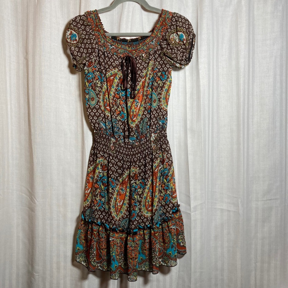 Cottagecore Boho Paisley Print Smocked Waist Ruffle Mini Dress Brown Earthy XS